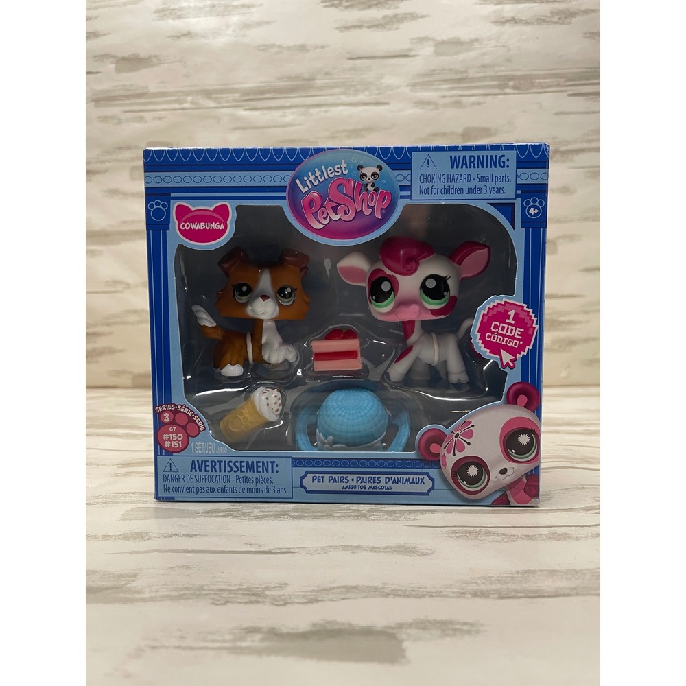 New Littlest Pet Shop LPS #150 #151 Collie Dog Cow Pairs Cowabunga w Accessories